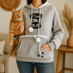Sudadera con Capucha Gris Pet Pouch Para Mujer 2XL Maullido Gráfico Pom Pom Cordones - Imagen 1 de 11