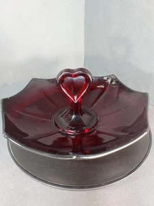 Vintage Ruby Red Glass Candy Cookie Dish Heart Handle - Picture 1 of 10