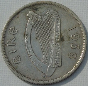1939 Ireland Silver Half-Crown, Irish Harp & Hunter Horse, High Detail, KM# 16 - Picture 1 of 2