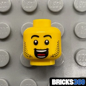 Lego New Yellow Minifigure Head Big Grin Face Stubble Tongue Teeth Happy Excited - Picture 1 of 3