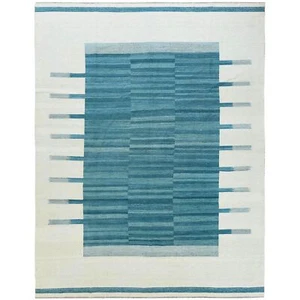 10 Fuß 8 Zoll x 14 Fuß Handgewebter Aquamarin Streifen Design Flachgewebe Kelim Wolle Teppich R60053 - Bild 1 von 6