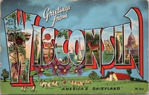 1940s WISCONSIN Large Letter Postcard "America's Dairyland" KROPP Linen / Unused - Bild 1 von 2