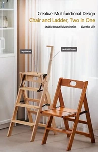 Step Stool 4-Step folding portable Wood convertible between Chair and Ladder - Picture 1 of 23
