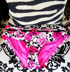 Vintage Betsey Johnson Swim White Pink Floral Rose Swimsuit Bikini Bottoms S - Picture 1 of 5