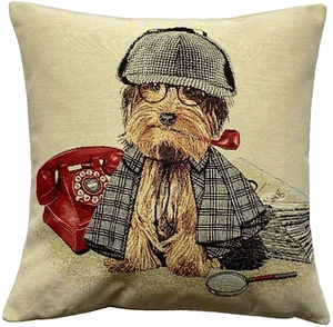 DOG DETECTIVE, FRENCH HAND FINISHED 17" 44CM WOVEN TAPESTRY CUSHION COVER, ZIP - Picture 1 of 6