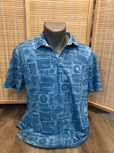 Tommy Bahama Hawaiian Polo Shirt Pima Cotton Blue Medium M H355 Tribal Design - Picture 1 of 9
