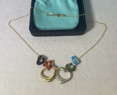 Tiffany & Co.Elsa Peretti 6 Open Heart Necklace 18K/turquoise/Carnelian/Nephrite - Image 1 of 4