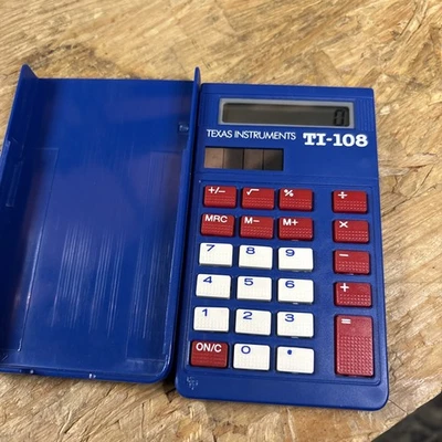 Vintage Texas Instruments TI-108 School Solar Calculator Blue Basic Math w Cover - Image 1 of 4