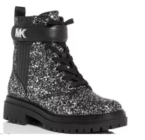 MICHAEL KORS Black Silver Stark Bootie Chunky Glitter Combat Boots NIB 7.5 Logo - Picture 1 of 16