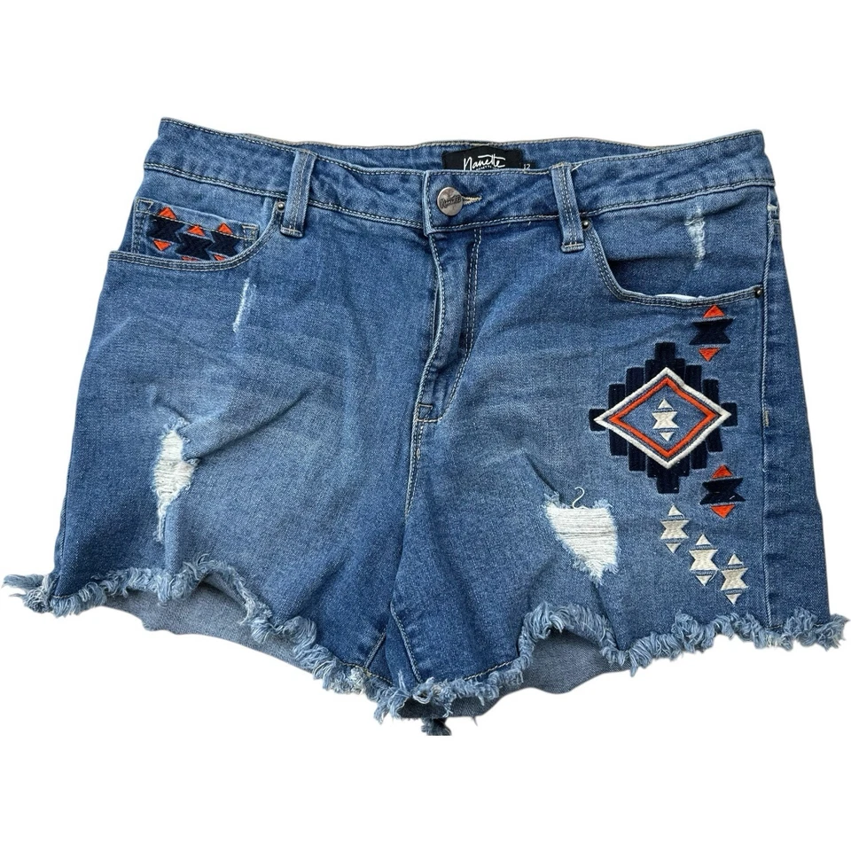 Pantalones Cortos Nanette Lepore Mujer 12 Bordados Distress Denim Southwesern Boho Azteca Foto 1 de 4