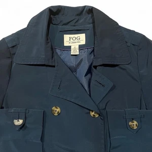 London Fog Trench Coat Women’s L Navy Poly Double-Breasted Collared Button-Up - Picture 1 of 5