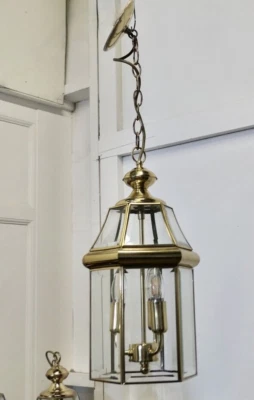 Vintage Art Deco Brass & Glass Hall Lantern Pendant Foyer Hanging Light Lamp - Image 1 of 4