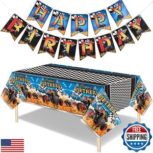 HunnmingRe 3 Pcs Monster Truck Tablecloths Plastic Happy Birthday Banner Mons - Picture 1 of 5