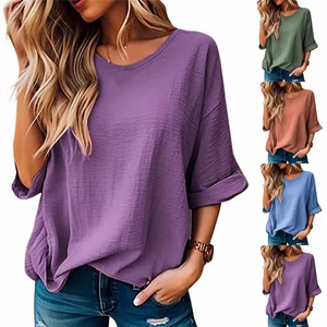 Womens Summer Plain Loose Tops Blouse Half Sleeve Casual Solid Pullover T-shirt - Picture 1 of 10