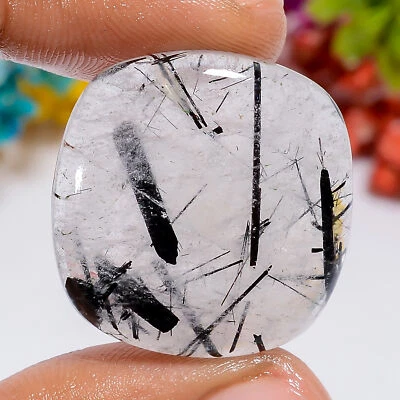 37 Ct. Cushion Black Rutile Quartz Cabochon Gemstone Pendant Making 25X24X5 mm - Image 1 of 2