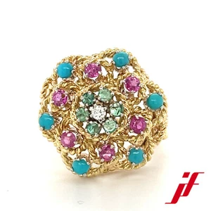 Ring Klassisch 750/18K Gelbgold Türkise Rubine Smaragde Diamant Größe 52 - Bild 1 von 3