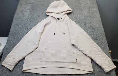 OFF WHITE Felpa con cappuccio sportiva DKNY donna grande avorio a costine manica lunga logo pullover cordino