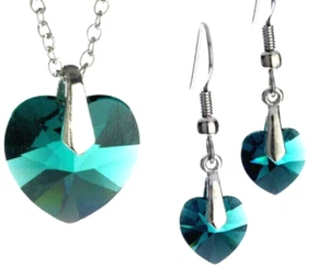 jewerly set green crystal heart necklace earring 2 pc yellow gold US made New - Picture 1 of 9