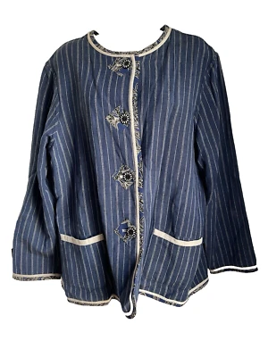 Koos Of Course Cardigan Jacket sz L Reversible Linen Blend Denim Striped to Tan - Image 1 of 4