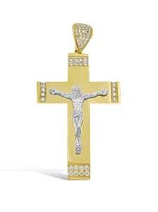 Jesus Crucifix Cross Pendant 10k Gold Two Tone CZ Charm 1.9" - Picture 1 of 4
