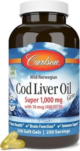 Carlson - Cod Liver Oil Gems, Super 1000 mg, 250 mg Omega-3s, 400 IU (10 mcg) Vi - Picture 1 of 7