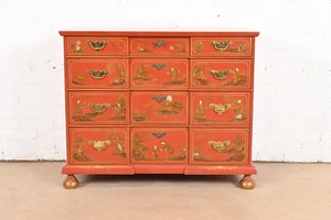 Baker Furniture Hollywood Regency Chinoiserie Red Lacquered Hand Painted Dresser - Picture 1 of 11