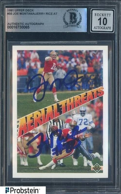 Joe Montana Jerry Rice Firmado 1991 UD Fútbol Amenazas Aéreas 35 BGS BAS 10 AUTO Foto 1 de 2