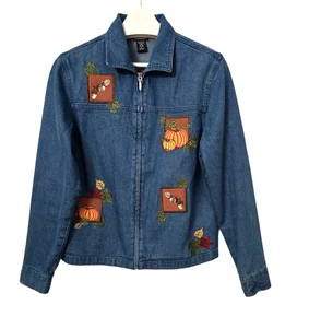 Chaqueta vaquera de mezclilla NorthCrest cremallera completa para mujer M azul otoño bordada calabazas - Imagen 1 de 10