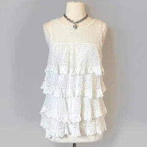 Y2K Dainty Coquette White Tiered Top Ruffles Romantic Boho Hippie Farmhouse M - Picture 1 of 10