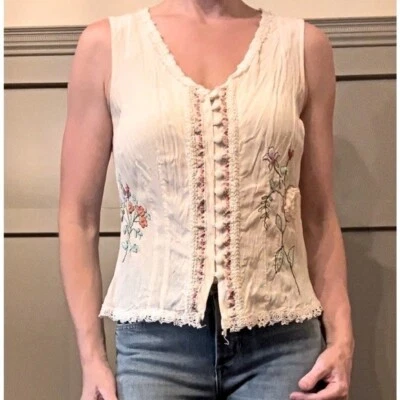J. Jill 100% Silk Embroidered 3D Rosette Button Down Blouse Vest Cream Size SP - Image 1 of 4