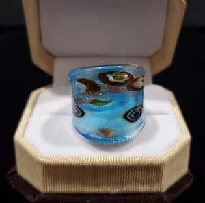 Anillo Bling Vidrio Soplado a Mano Tema Floral Abstracto Turquesa Boho - Talla 8.75 - Imagen 1 de 4