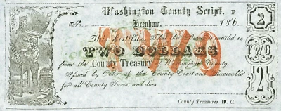 1862 $2 WASHINGTON COUNTY SCRIP BRENHAM TEXAS CIVIL WAR MONEY ~ CHOICE CRISP NEW - Image 1 of 2