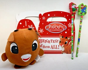 NEW Rudolph The Red-Nosed Reindeer Plush Rudolph Gift Box 2 Large Eraser Pencils - Picture 1 of 12