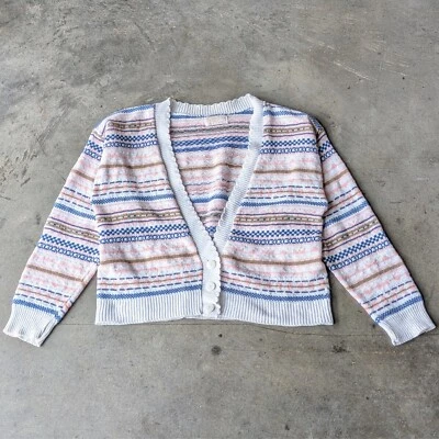 Cárdigan Suéter Vintage Algodón Acrílico Blanco Rosa Azul Rayas Borde Festoneado Foto 1 de 4