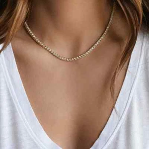 12Ct Round Cut Lab Created 3MM Diamond Women's Tennis Necklace 14k Gold Plated - Picture 1 of 7