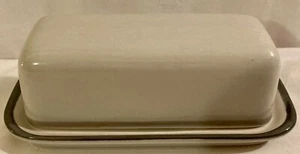 Vintage Pfaltzgraff Butter Dish Tan/Blueish Gray Stripes - Picture 1 of 4