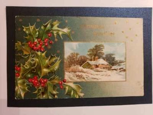 Vintage Christmas Church Scene Holly Embossed Postcard PM 1910 Pelican Ridge MN - Picture 1 of 3