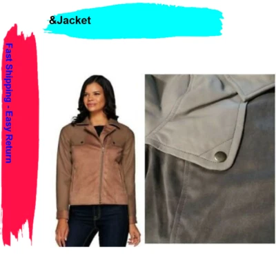 Lisa Rinna Black Faux Suede & Leather Moto Jacket, Charcoal, Size 6 - Image 1 of 4