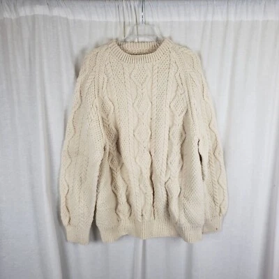 Vintage Handmade 90s Fisherman Cable Knit Wool Aran Sweater Mens size L XL Cream - Image 1 of 4