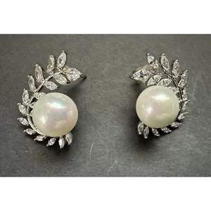 Silvertone Filigree Leaf Crystal and Faux Pearl Pierced Earrings - Picture 1 of 3