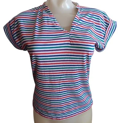 Women's Large Vintage T-Shirt Casual Corner Striped V-Neck Top 1980s Altered - Image 1 of 4