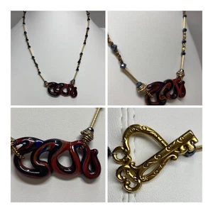 Blown Glass Pendant Abstract Squiggle Design Red Black Gold 16” Heart Key Toggle - Picture 1 of 11