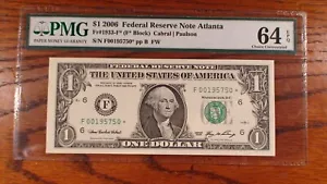 2006 PMG CHOICE UNC 64 EPQ ONE DOLLAR STAR NOTE ATLANTA $1.00 BILL! - Picture 1 of 4