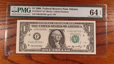 2006 PMG CHOICE UNC 64 EPQ ONE DOLLAR STAR NOTE ATLANTA $1.00 BILL! - Image 1 of 4