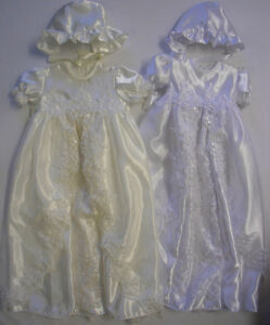 Long Christening Gown Dress Hat Bonnet Cream White Pearl 0-12 Baby Babies Girls
