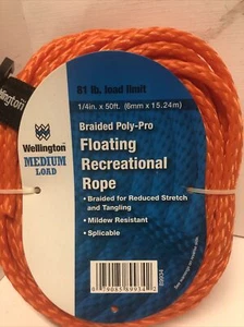 WELLINGTON~ 1/4"x50FT FLOATING ORANGE BRAIDED RECREATIONAL ROPE - Picture 1 of 3