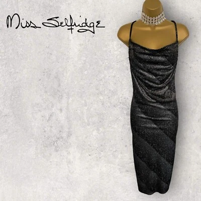 Miss Selfridge Damen schwarz silber Wasserfallausschnitt Trägerkleid Party Club UK 10 neu mit Etikett - Bild 1 von 4
