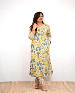 Designer pure cotton printed long kurti with pant and dupatta set, dresses - Picture 1 of 4