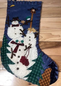 Snowman Primitive Handcrafted Penny Felt Applique Blue Stocking - Picture 1 of 4