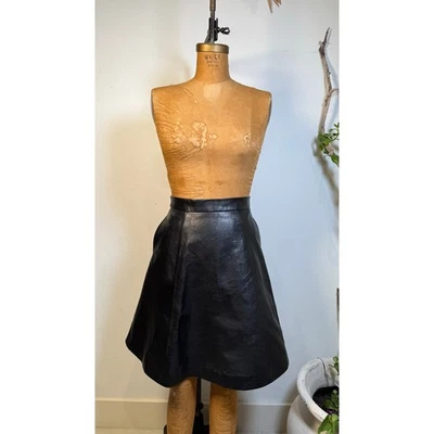 Vintage Black Leather Skirt with Pockets 90s High Waist Leather Flare Skirt - Image 1 of 4